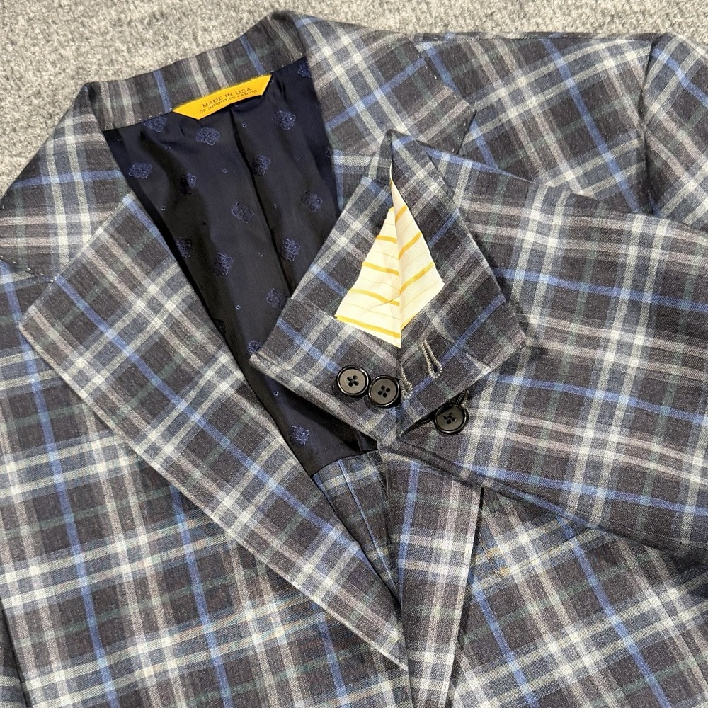Hickey Freeman Bespoke Blue Gray Plaid Linen Silk 38S Yellow Label Unstructured